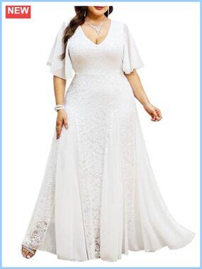Plus Size Formal Lace Chiffon Maxi Dress V Neck A-line Wedding Guest Evening